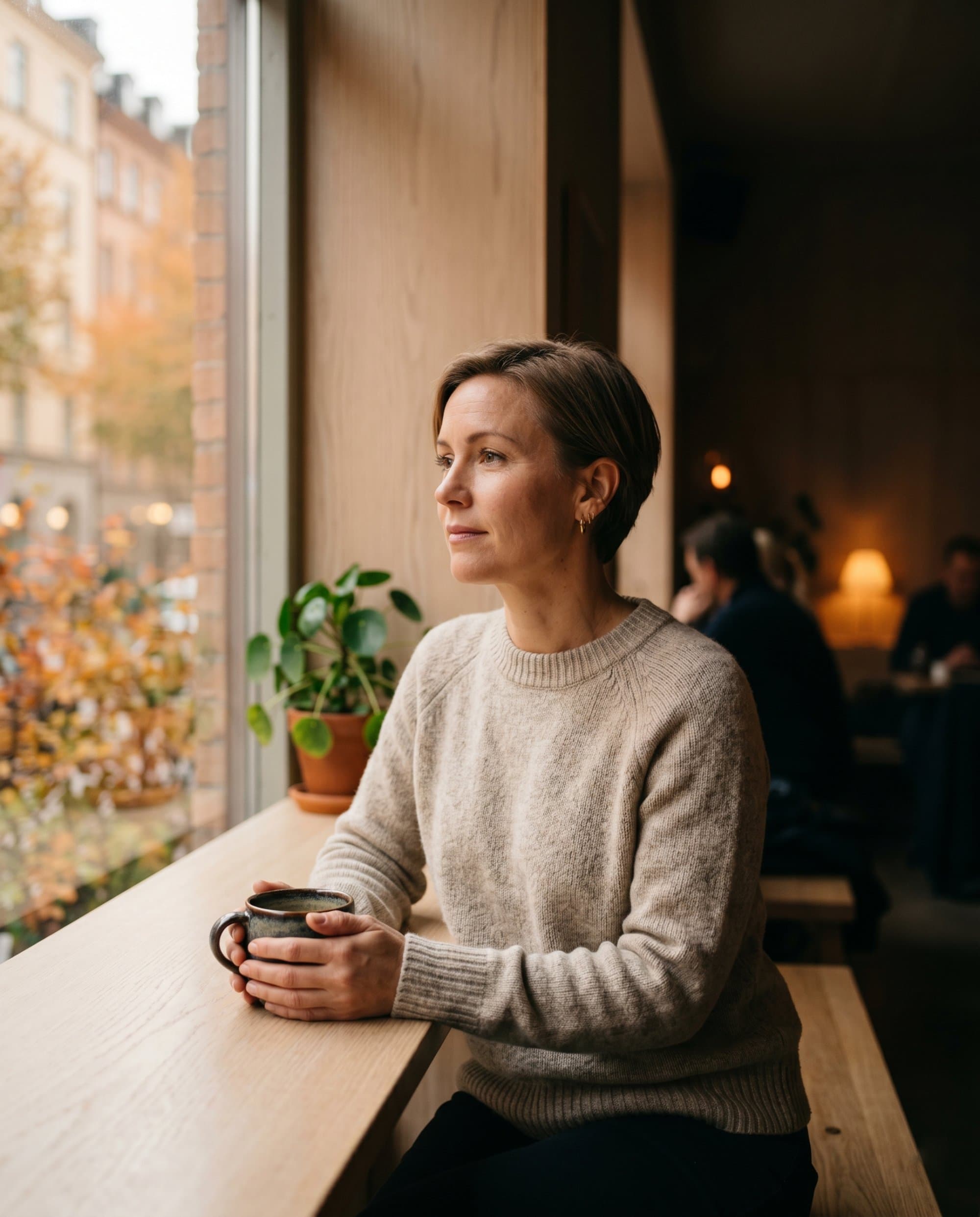Småföretagare sitter avslappnad vid ett kafé med en kopp kaffe
